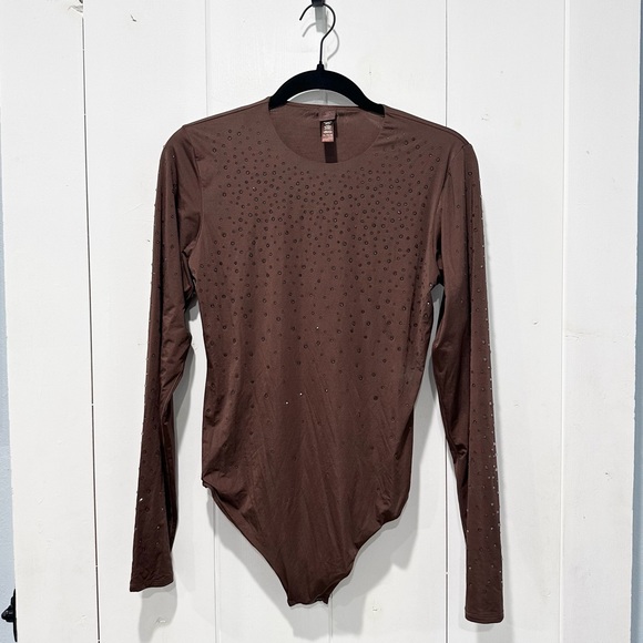 Swarovski x SKIMS Jelly Sheer Long Sleeve Crew Neck Bodysuit In Cocoa Size XL - Picture 5 of 8